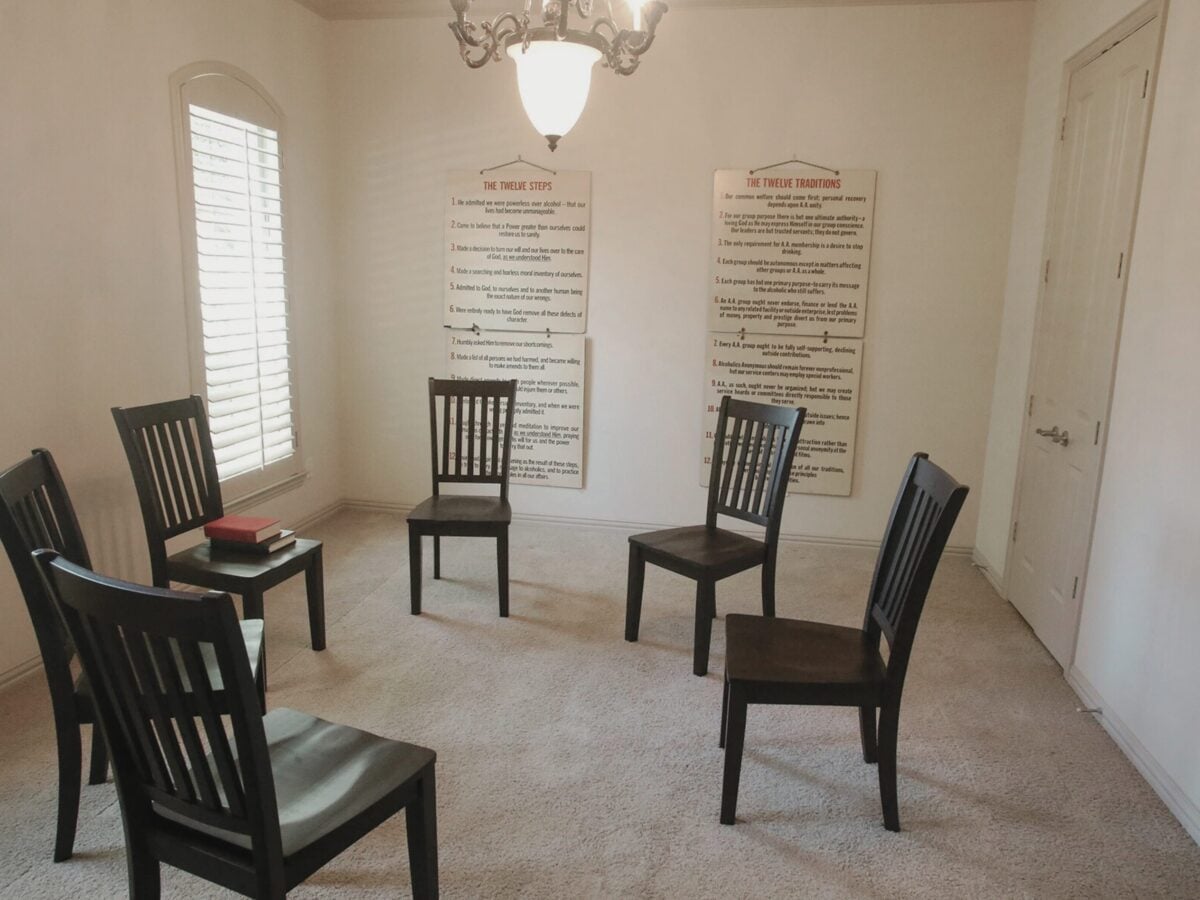 Group meeting space in sober living home for 12-step support