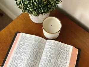 Morning Bible study with coffee featuring KJV verses for anxiety and depression, perfect peace through God's Word