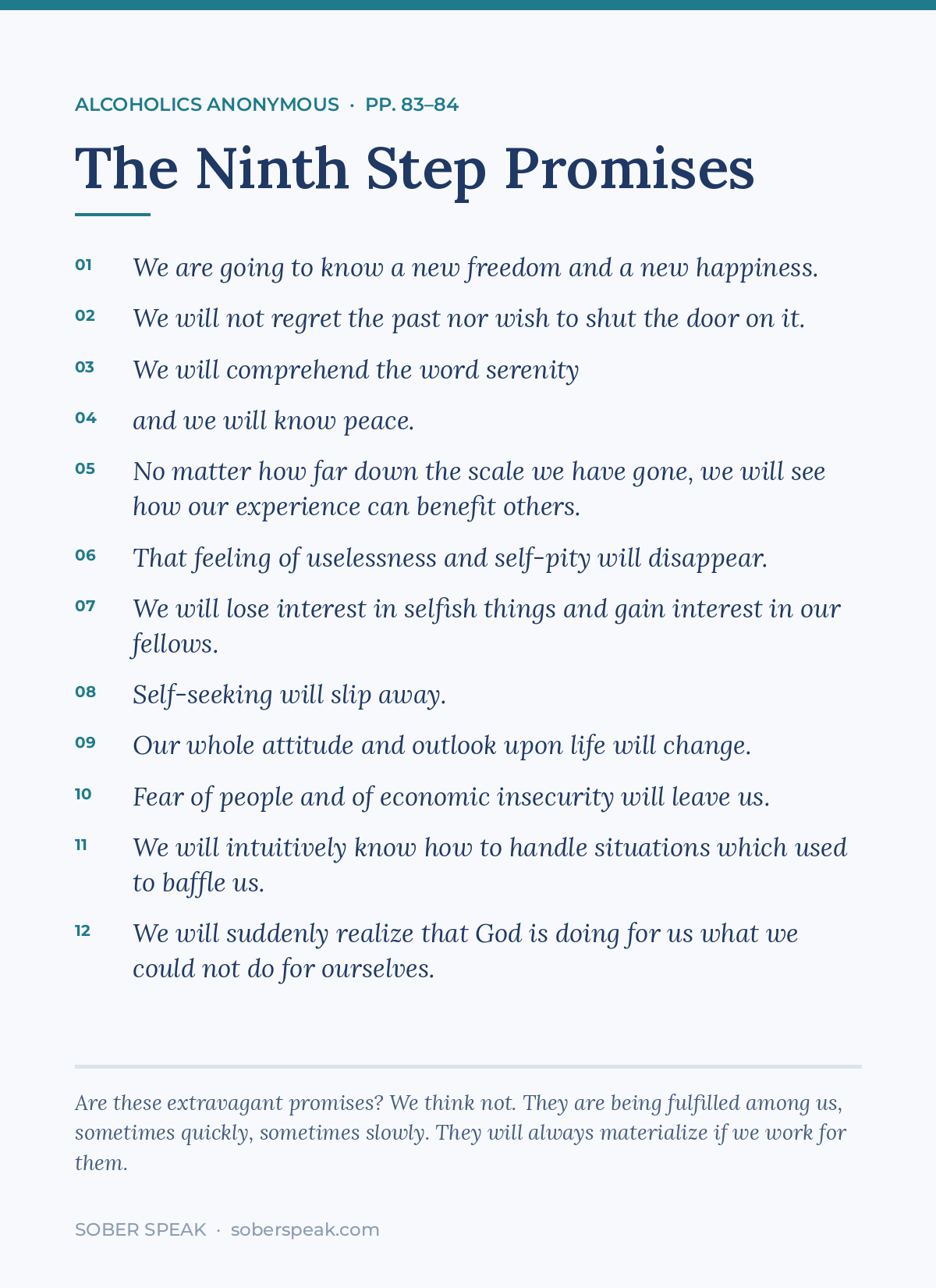 The Ninth Step Promises from pages 83 and 84 of the Big Book of Alcoholics Anonymous